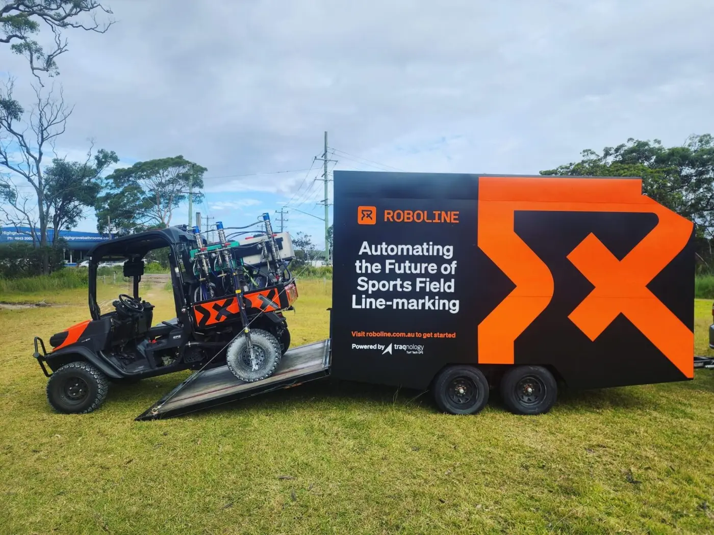 Roboline trailer with a Kubota utility vehicle fitted with Traqnology GPS line-marking spray units